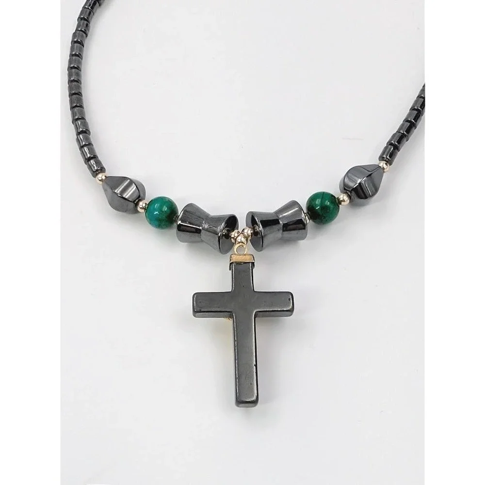 Vintage Crucifix Necklace‎ Men Hematite Cross Pendant Gunmetal Beads Catholic